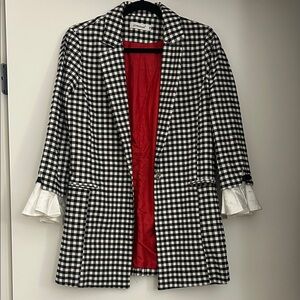 Black and White Checkered Blazer with Red Lining & Ruffle Sleeves